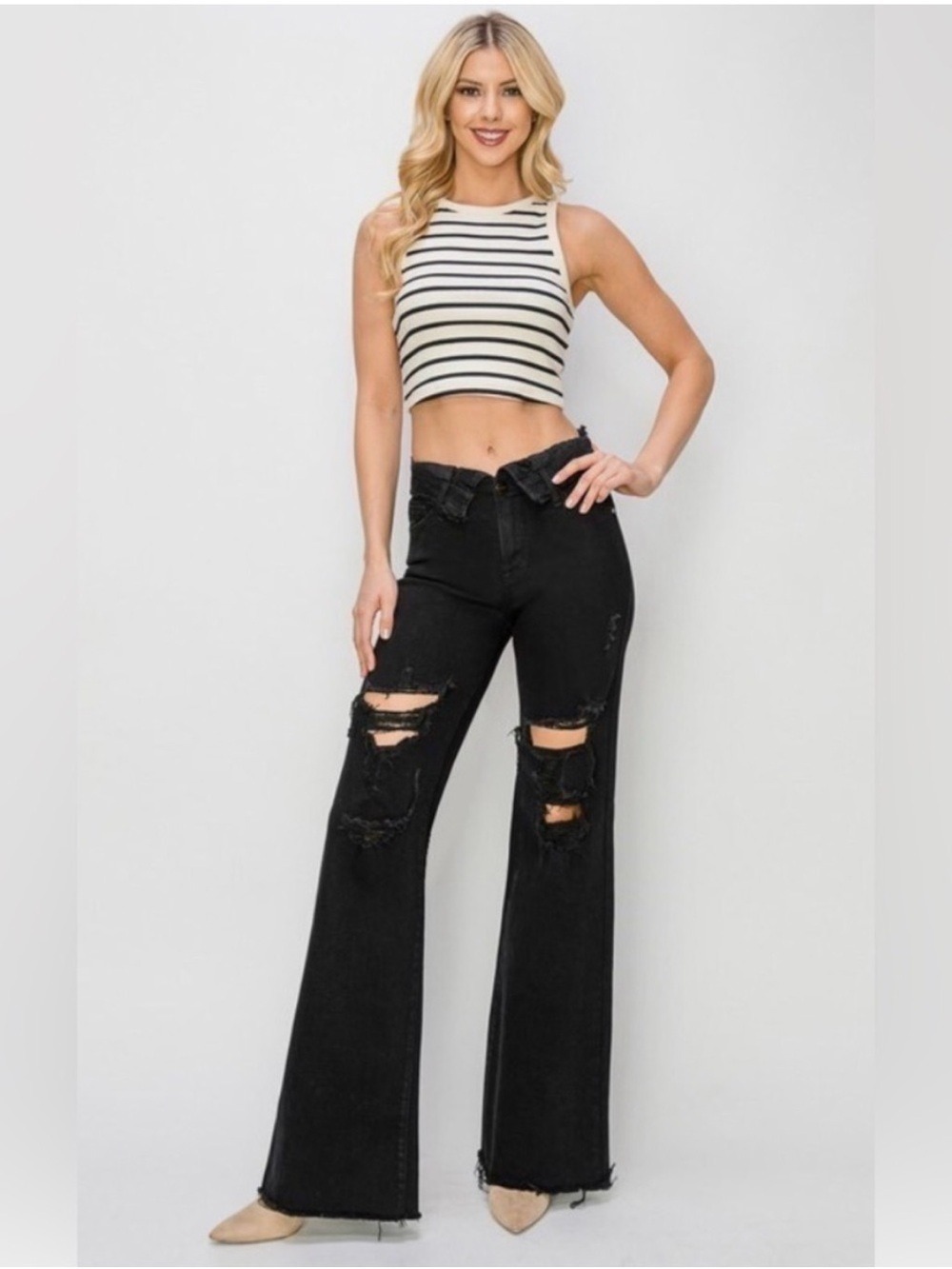 Risen Black Wide Leg Folded Waist Distressed Jeans